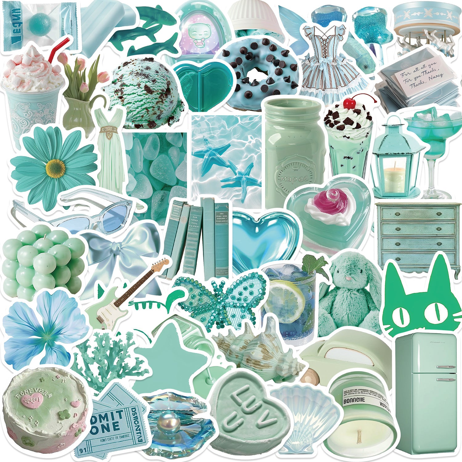 Mint Green Aesthetic Sticker Pack – 50 Waterproof Vinyl Stickers